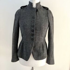 ZARA Wool Blend Peplum Herringbone Military Blazer Jacket Grey MEDIUM Steampunk